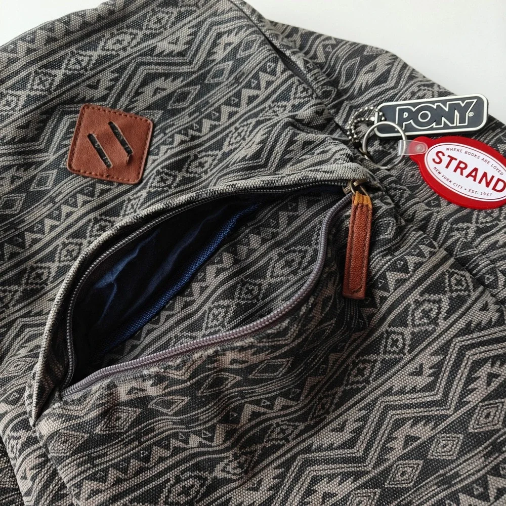 Topman Mens Aztec Geometric Print Canvas Backpack Grey Black‎ Faux Leather Trim